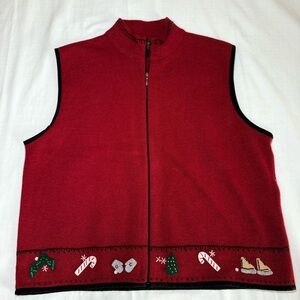 Woolrich Sweater Vest Women's XL Ruby Red Lambswool Full Zip Holiday Winter Felt